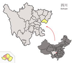 Location of Yuechi County (red) within Guang'an City (yellow) and Sichuan