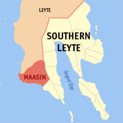 Mapa han Southern Leyte nga nagpapakita kon hain nahimutang an Syudad han Maasin.