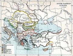 Mapa político dos Balcãs na década de 1340