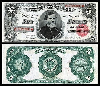 Five-dollar Treasury Note from the series of 1891, by the Bureau of Engraving and Printing
