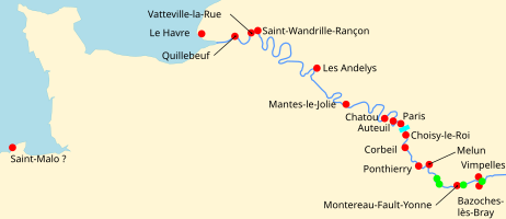 Color map of part of the course of the Seine, including some notable points along the way.