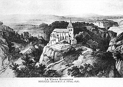 Église Sainte-Fauste et village avec ses tours médiévales (en 1838).