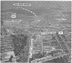 View directed east c. 1962, showing 19th Avenue Freeway segment under construction; the Antoine Borel family estate is the wooded area north (left) of the new freeway