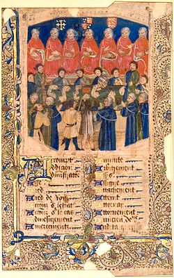 A full color, illustrated manuscript of the Court in session. Up at the top are the seven Justices of the court, dressed in orange robes. Underneath the Justices are the clerks of the court, dressed in robes that are half green and half blue. Underneath the clerks are the pleaders, who are dressed in blue and gold outfits. The bottom half of the image is taken up by text written in blackletter script.