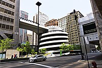 Spiral vehicle ramp to the parking garage, photographed in 2016