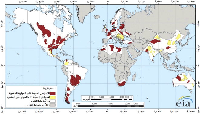 خريطة مواقع الاحتياطيات في بلدان منها الجزائر وتونس وليبيا والصحراء الغربية والمغرب