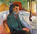 『ワインのある自画像』1906年。油彩、キャンバス、110.5 × 120.5 cm。ムンク美術館[128]。