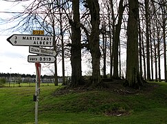 Le calvaire, dressé sur sa petite butte, est caché par les arbres, devant le stade, au sud du village.