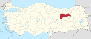 Erzincan highlighted in red on a beige political map of Turkeym