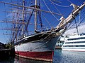 Docked at the Aloha Tower Complex is the Falls of Clyde, the only iron-hulled, four-masted ship in the world.