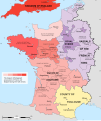 Red and green map of the Angevin Empire in France