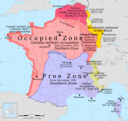 German and Italian occupation zones: the zone occupée, the zone libre, the zone interdites, annexed Alsace-Lorraine, Luxembourg and Eupen-Malmédy, and the Military Administration in Belgium and Northern France