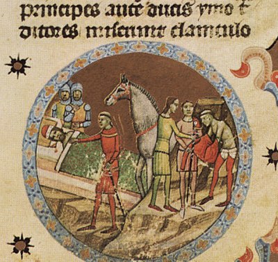 Chronicon Pictum, Hungarian, Hungary, Prince Géza, Abbot Villermus, horse, disguise, Petrud, Bikas, betrayal, flee, sleeping, lying, medieval, chronicle, book, illumination, illustration, history