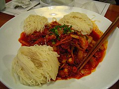 Nakji bokkeum with somyeon (fried octopus in gochujang with fine noodles)