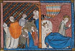 Miniature datant de 1330-1340 réalisée par Jean Pucelle, représentant le mariage de Louis IX avec Marguerite de Provence à Sens.