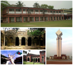 Clockwise from top: Naogaon K.D. Government High School, Bijoy Monument, Gaza Society office, Shadhinota Monument and Balihar Royal Palace.
