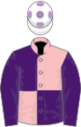 Pink and purple (quartered), purple sleeves, white cap, mauve spots