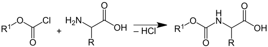 Schutz der Aminogruppe einer Aminosäure (Mitte) als Urethan (rechts). R¹O ist dabei ein Fluorenyl-9-methoxy-Rest oder ein Benzyloxy-Rest.