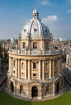 The Radcliffe Camera in Oxford, England as viewed from the tower of the Church of St Mary the Virgin.