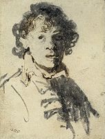 Self-portrait as a young man with mouth open, c. 1629, British Museum. It "emphasises what was to become the shameless, dominant feature of all Rembrandt's self-portraits, the nose."[49]