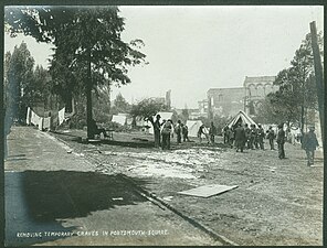 Temporary graves and tents in Portsmouth Square after the 1906 San Francisco earthquake and fire