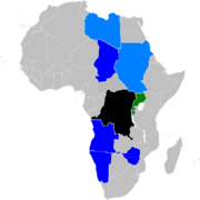 Beligerantes da Segunda Guerra do Congo: Preto - República Democrática do Congo Verde - coalizão anti-R.D. do Congo Azul escuro - coalizão pró-R.D. do Congo Azul claro - Aliados da R.D. do Congo, não diretamente envolvidos na guerra.