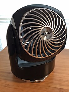 Vornado table fan model Flippi V6. It is small and black with a silver fan face and shiny black body.