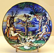 Zeus, Hera, and Amor observe the birth of Helen and Dioscuri (Dutch majolica, 1550).