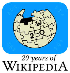 A stylized Wikipedia globe with "20 years of Wikipedia" below