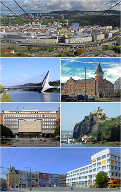 From top: city centre view, Mariánský most, city spa, city hall, Střekov Castle, Míru Square