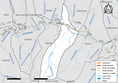 Carte en couleur présentant le réseau hydrographique de la commune