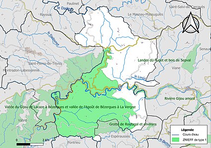 Carte des ZNIEFF de type 1 sur la commune.