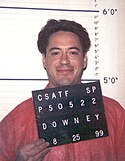 A mugshot of actor Robert Downey Jr smiling for his headshot in 1999