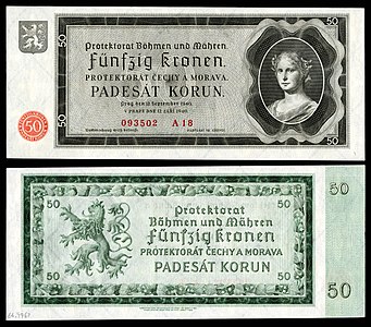 Fifty Bohemian and Moravian koruna from 1940, by the National Bank for Bohemia and Moravia