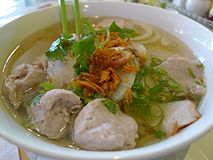 A bowl of Bún mọc in Vietnam, bún is rice vermicelli, while mọc means pork-ball