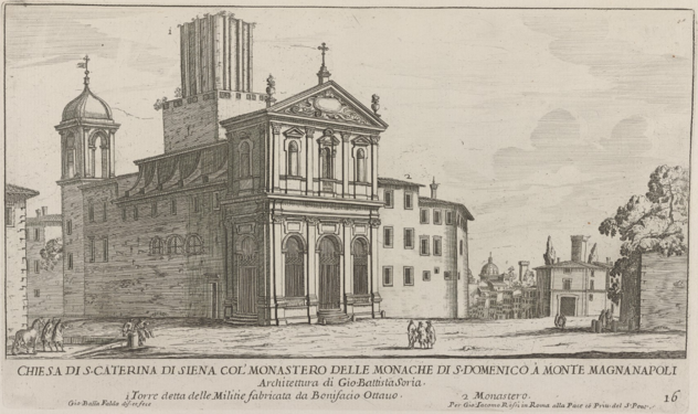 Engraving of c. 1667-1669 by Giovanni Battista Falda showing the church at the original street level.