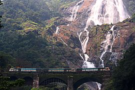 Les Chutes du Dudhsagar dans les Ghats occidentaux, à la frontière avec le Karnataka. La ligne ferroviaire Vasco da Gama-Dharwad y passe.