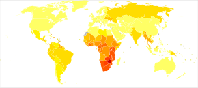 A map of the world where much of it is colored yellow or orange except for sub Saharan Africa which is colored red or dark red