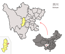 Location of Mingshan District (red) within Ya'an City (yellow) and Sichuan