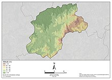 Mapa do relevo do município de Braga em 6 classes de 100 metros, entre a classe menor e igual a 100 até à classe maior de 500 metros.