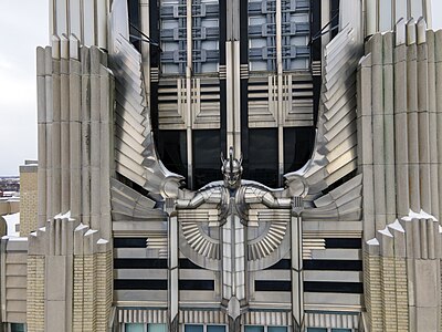 Spirit of Light or Spirit of Power, metal sculpture on the façade of the Niagara Mohawk Building in Syracuse, N.Y., by Clayton Frye (1932)