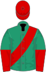 Emerald green, red sash, halved sleeves, red cap