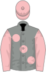 Grey, large pink spots and sleeves, pink cap