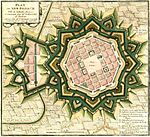 Karta från 1697 över den franska fästningsstaden Neuf-Brisach, med kompletterande kronverk.