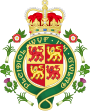 Coat of Arms: Within a circular riband Vert fimbriated Or bearing the motto "Pleidiol Wyf I'm Gwlad" in letters the same and ensigned with a representation of the Crown proper, an escutcheon quarterly Or and Gules four lions passant guardant counter changed armed and langued Azure, encircled by a wreath alternating of leek, thistle, clover, leek and rose.