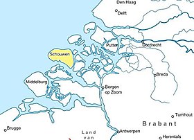 La Zélande, avec l'île Schouwen en jaune vers 1350.