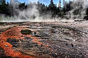 Blackened basin with orange streaks; steam is rising from it with fir trees in the background