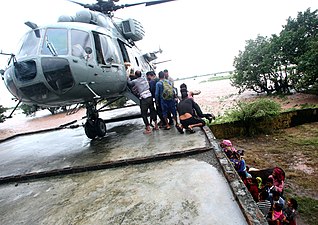Indian Air Force helicopters carrying out rescue and evacuation of people marooned during the floods in Jammu and Kashmir