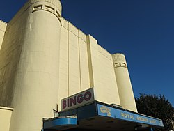 streamlined white building with a bingo hall sign