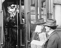 Passenger without mask being refused boarding of a streetcar amid 1918 flu pandemic. (Seattle, Washington, 1918)